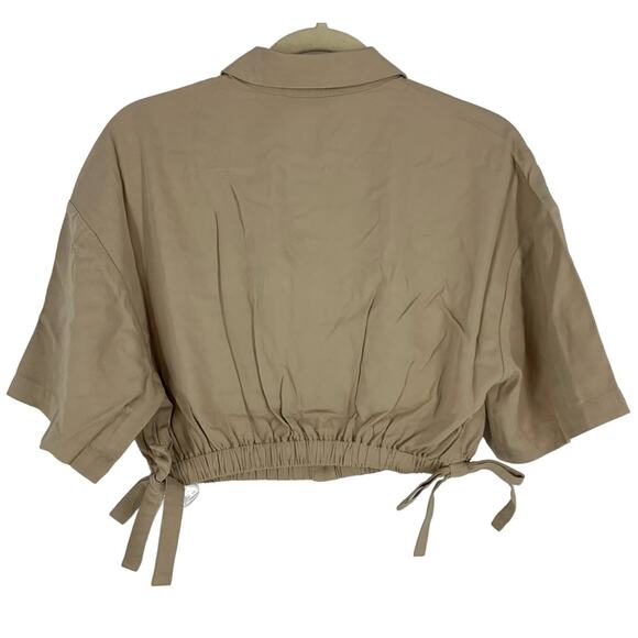 Billie the Label Imogene Crop Top Linen Blend Khaki Medium Collar Button Tencel - Picture 3 of 9